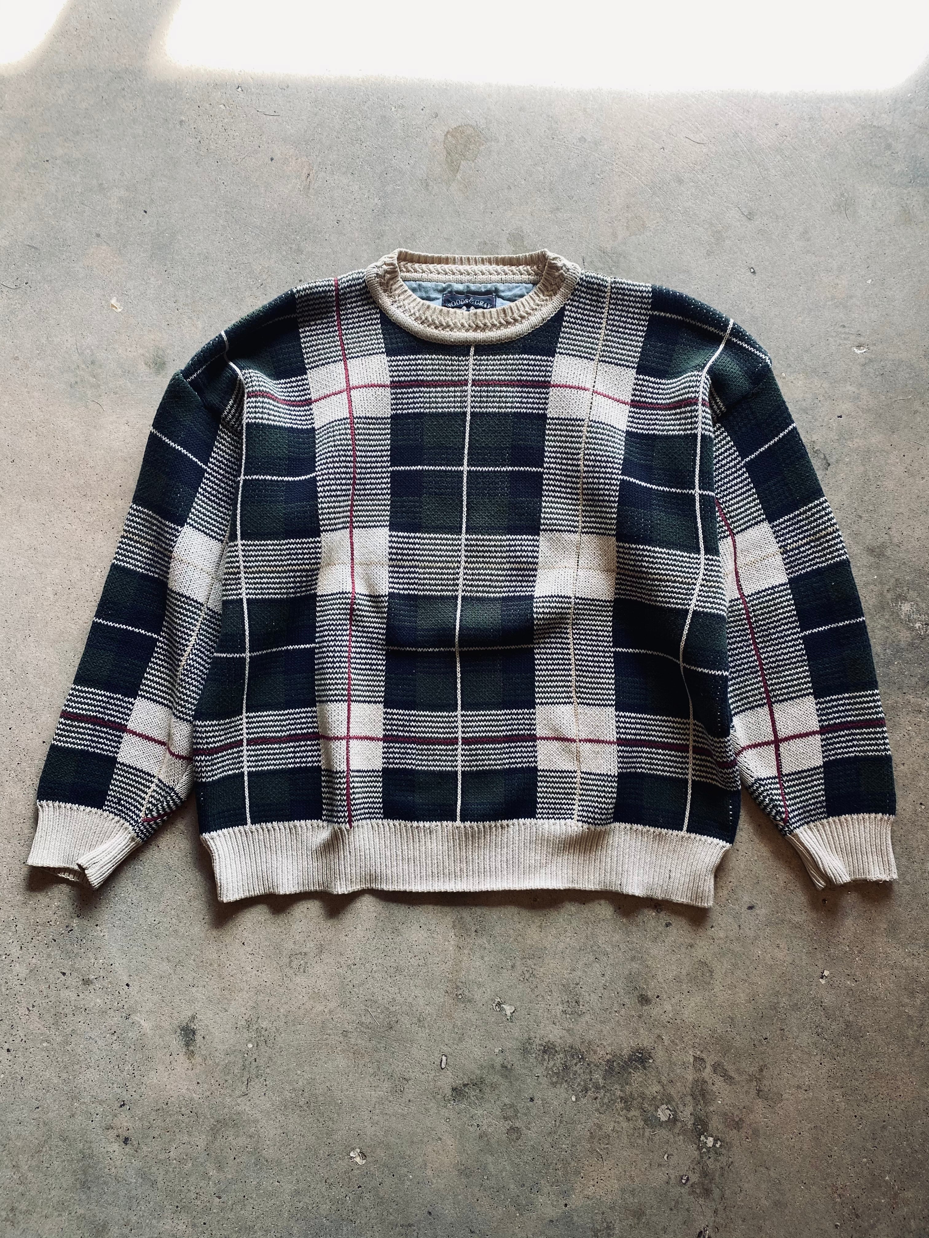 1990s Woods & Gray Plaid Knit Sweater | X-Large