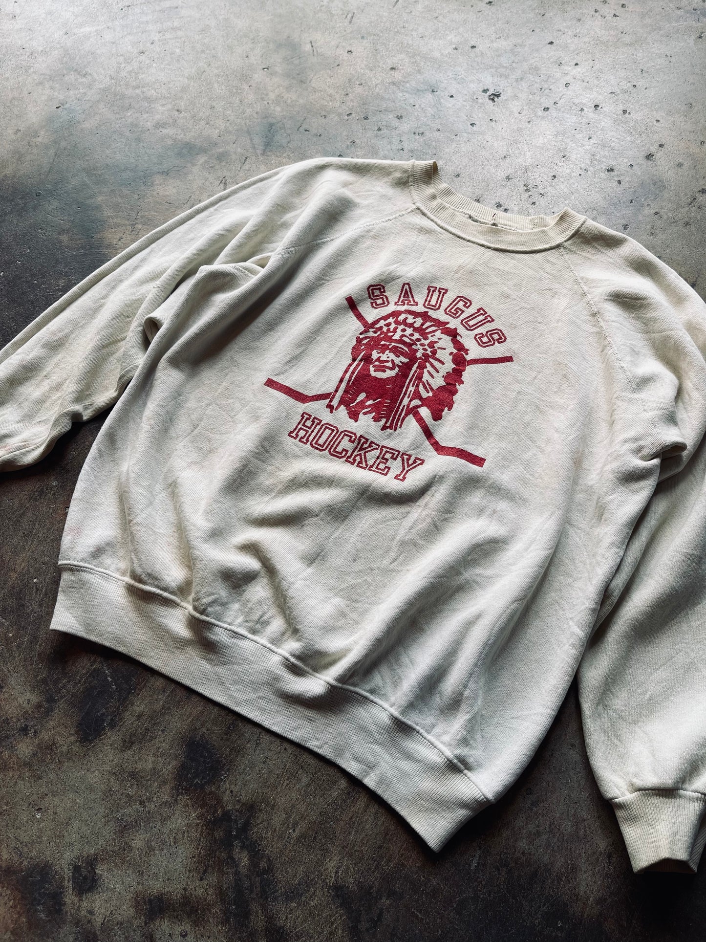 1970s-80s Saugus Hockey Raglan Sleeve Sweatshirt | Medium